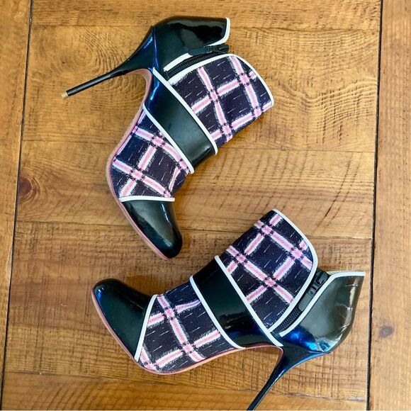 Sophia Webster Plaid Patent Leather High Heel Ankle Boots Black Pink Size EU 39 - Picture 9 of 16